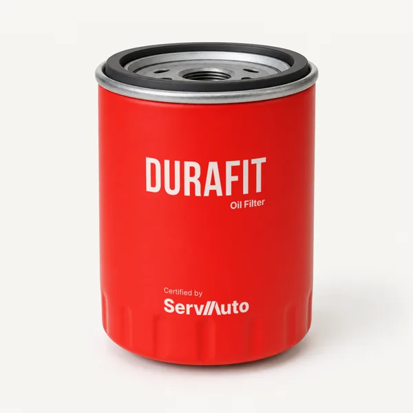 Penapis minyak DuraFit, kanister merah bercetak DURAFIT Oil Filter dan Certified by ServAuto