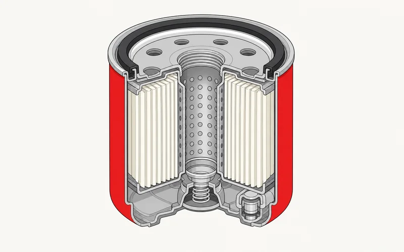 Cutaway illustration of a spin-on oil filter: pleated paper element, perforated centre tube and valves