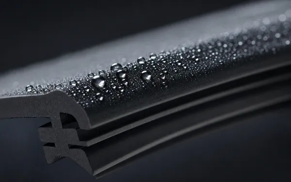 Close-up of a silicone wiper blade edge with water beading on it