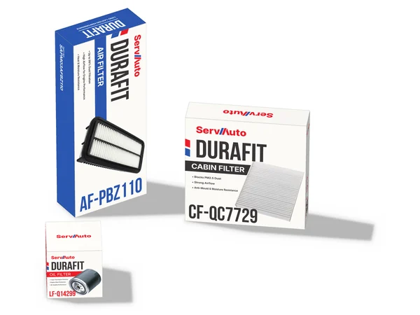 DuraFit oil, air and cabin filter boxes, each with its part number printed on the front