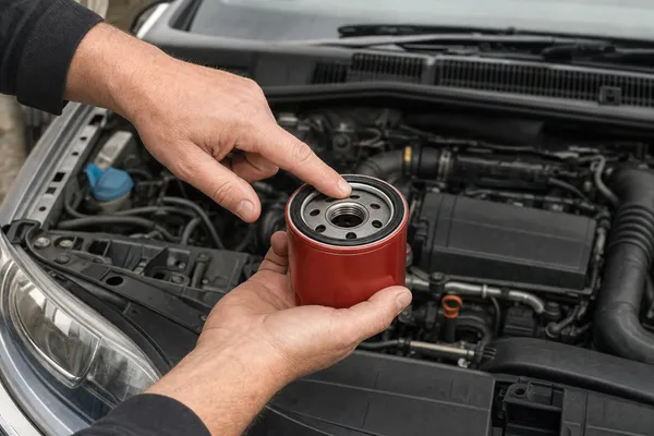 A fingertip spreading a thin film of oil on the rubber seal of a new red oil filter