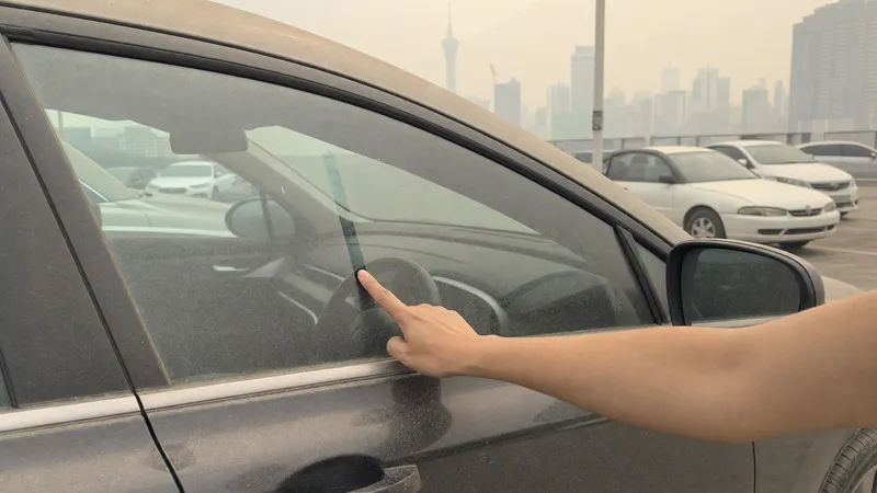 A finger drawing a line through fine dust on a parked car’s window on a hazy day, a city skyline fading behind