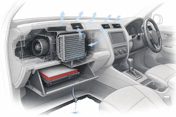 Cutaway illustration of a right-hand-drive dashboard: behind the glovebox, the cabin filter with a red frame, then the blower fan and the wet evaporator coil with its drain pipe, and arrows showing air going to the vents